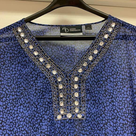 Added Dimensions Blue Print Embellished Sheer Tunic Top Blouse sz 3X EUC - Picture 2 of 6